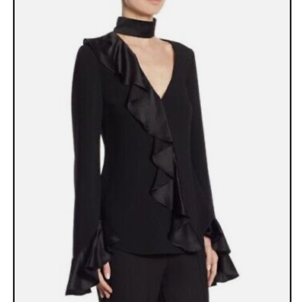 Cinq a sept black satin silky long sleeve v-neck blouse - ruffles, bell sleeve